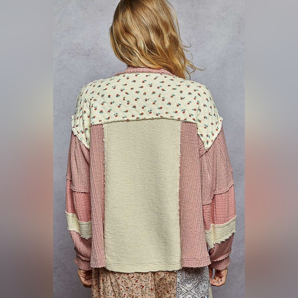 POL Oversized Patchwork Shirt in Dusty Pink and Cream - Picture 4 of 6